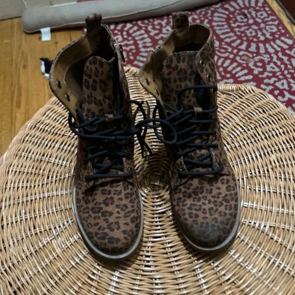 Time and Tru Leopard Print Lace-Up Ankle Boots - Brown